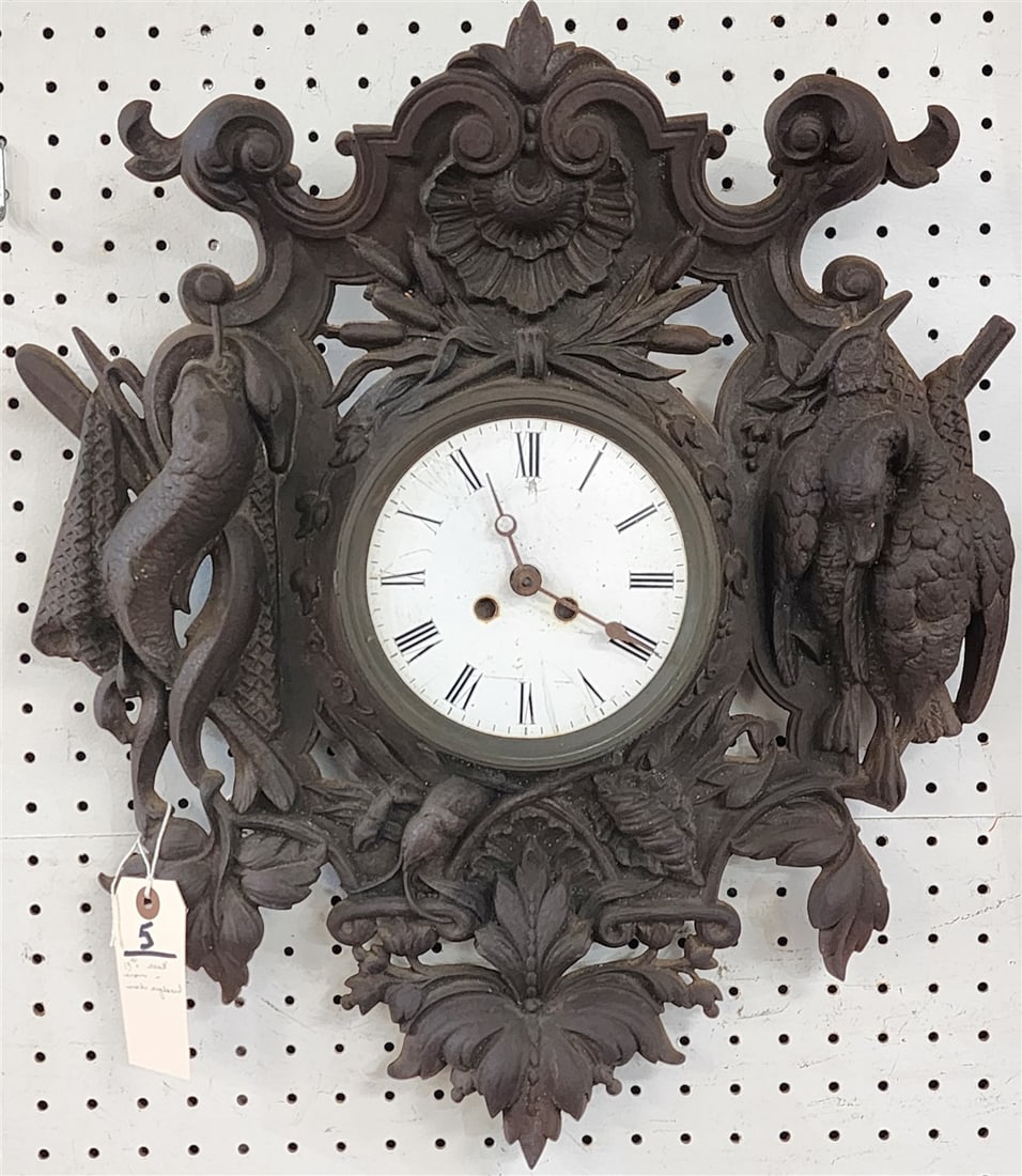 19th C Cast Iron Wall Clock (Works Have Been Raplaced) 21 1/2" H X 18 1/2" W: 19th C Cast Iron Wall Clock (Works Have Been Raplaced) 21 1/2" H X 18 1/2" W