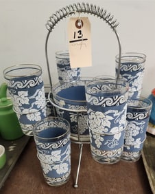 Anchor Hocking Mid Century Chrome Stand w/Ice Bucket + 8 Glasses 14 1/2" H X 12" Diam.