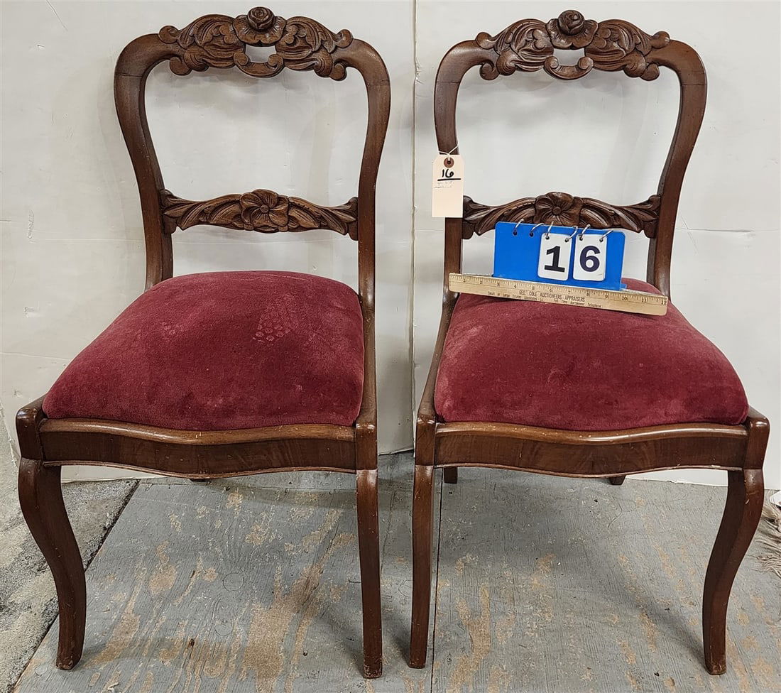 Pr. Victorian Walnut Rose Carved Side Chairs 33" H X 17 1/2" W X 15" D (1 of 2)