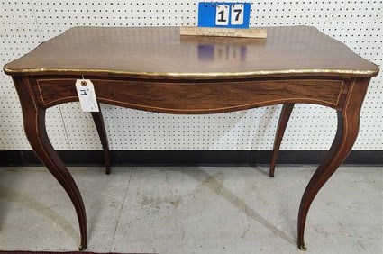 French Inlaid Walnut 1 Drawer Table w/Brass Mounts 28 1/2" H X 38" W X 22" D