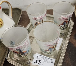 19th C 4 Hand Enameled Tumblers 4" H X 3" Diam.