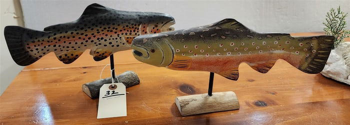 2 Folk Art Carved Wooden Fish - 7" H X 12" L + 6 1/2" H X 12" L