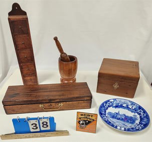 Tub Of Contents -  Primitive Mortar & Pestle, 5 Drawer Hanging Spice Rack, Small Tool Bx w/Dolls,