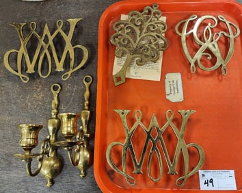 Tray Williamsburg Brass - 4Trivets 3- William & Mary 1- George Washington, Pr. Brass Candle Sconces