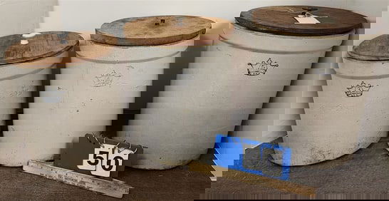 3 Stoneware Crocks w/Wooden Tops - 5, 4 + 3 Gallon