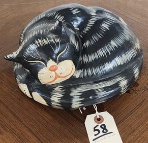 Carved Wooden Sleeping Cat 5" H X 9 3/4" Diam.