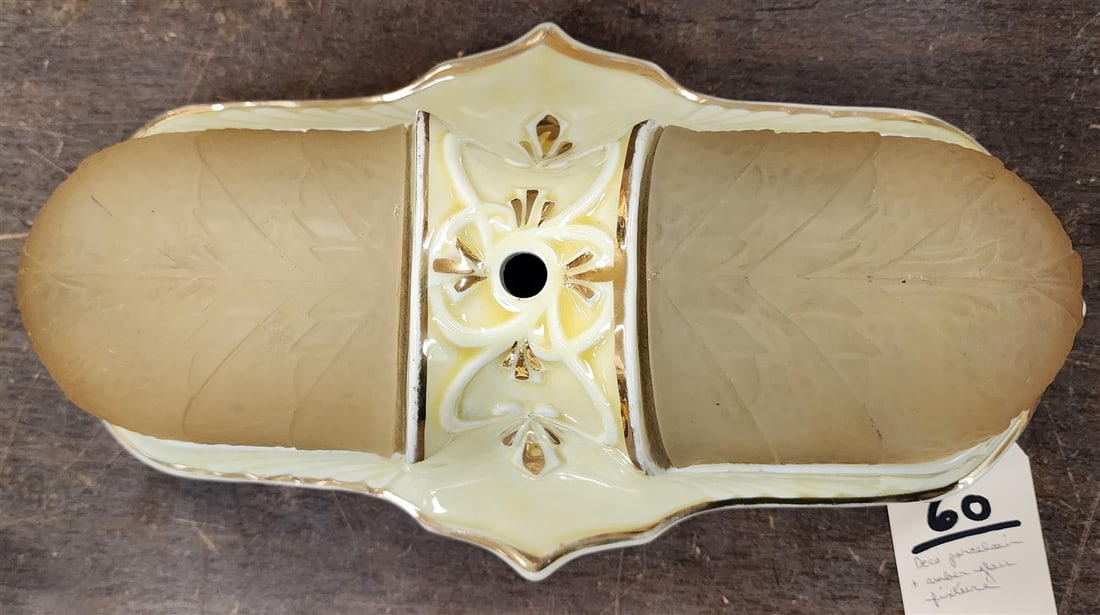 Deco Porcelain & Amber Glass Fixture 14" H X 7" W X 4 1/2" D: Deco Porcelain & Amber Glass Fixture 14" H X 7" W X 4 1/2" D