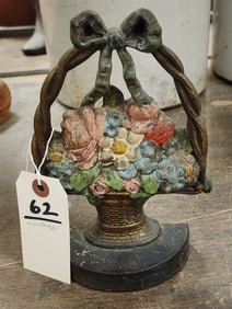 Vintage Cast Iron Basket Of Flowers Door Stop 8 1/2" H X 6" W