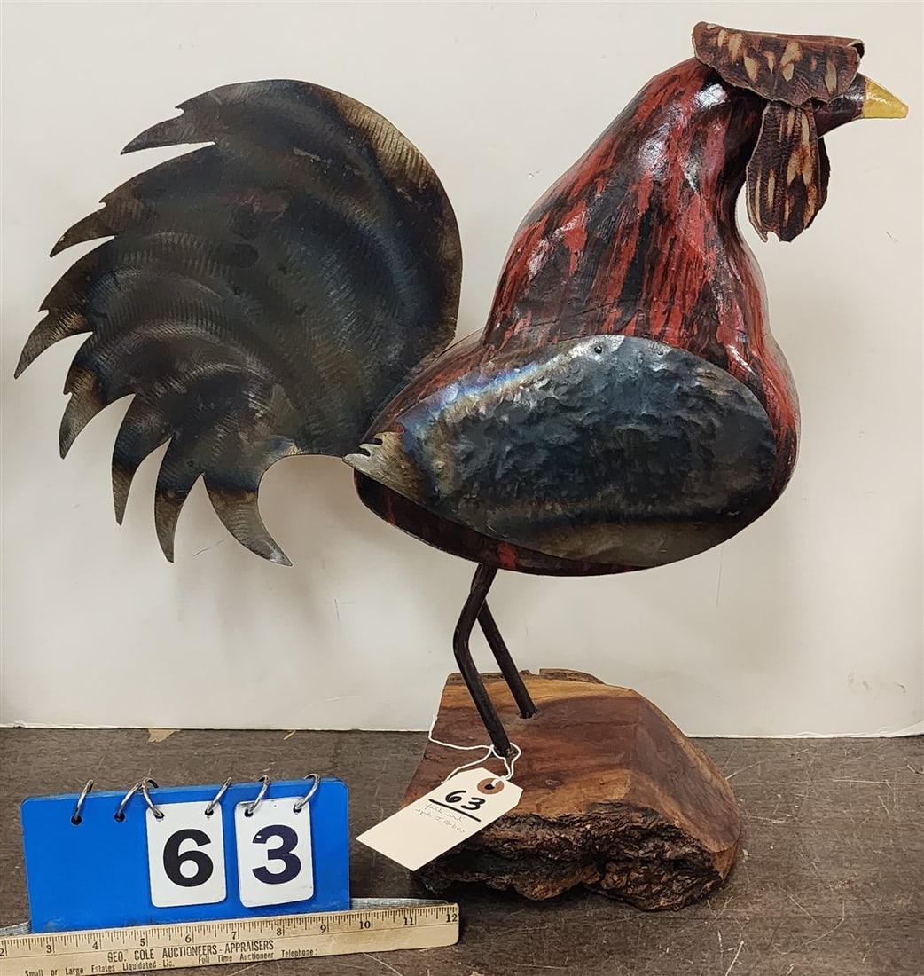 Folk Art Carved Wooden Rooster w/Metal Wings & Tail J. Forbes 21" H X 18 1/2" L X 8" W: Folk Art Carved Wooden Rooster w/Metal Wings & Tail J. Forbes 21" H X 18 1/2" L X 8" W