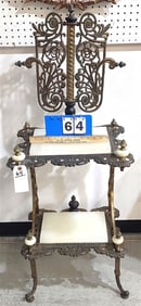 Brass & Cast Iron 2 Tier Stand w/Alabaster Tops 4' H X 18 1/2" W X 15" D