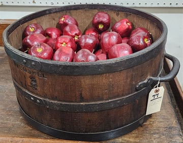 English Oak Bucket w/Wrought Handles Marked Bushel GB 34, 9 1/2" H 19" Diam.