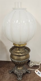 Victorian Brass Miller Oil Lamp Elec. w/Milk Glass Shade 24" H