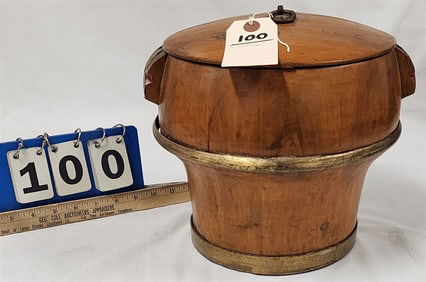 Vintage Chinese Wooden Covered Rice Bucket 9 1/2" X 10 1/2" Diam.