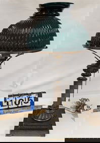 Brass Column Lamp w/Green Glass Case Shade 21" H