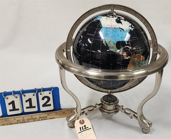 World Globe On Stand Made Of Black Onyx & Other Semi Precious Stones & Abalone 14" H X 12 1/2" Diam.