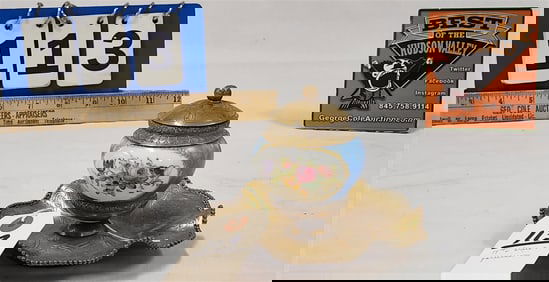 19th C Brass & Porcelain Ink Stand