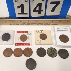 Lot 9 U.S. Large Cent U.S. Coins - 1838, 1833, 1844, 1848, 1846, 1855, 1811, etc.+ 2- 1864 2 Cent