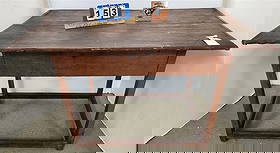 Primitive Bread Board Top Tavern Table 28 1/2" H X 46 1/2" W X 30" D: Primitive Bread Board Top Tavern Table 28 1/2" H X 46 1/2" W X 30" D