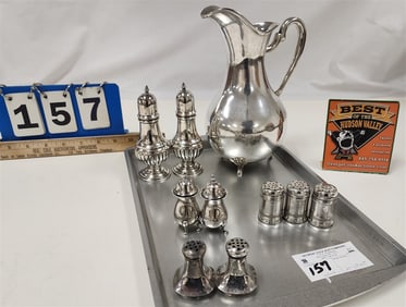 Lot Sterling - 900 Silver Pitcher + 9 Salt & Pep Shakers 21.29 OzT.