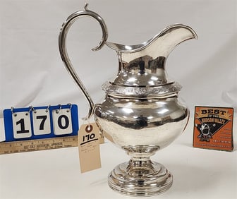 Mid 19th C Coin Silver Pitcher 13 3/4" H Hallmarked Jones Lowes & Ball 40.54 ozT.