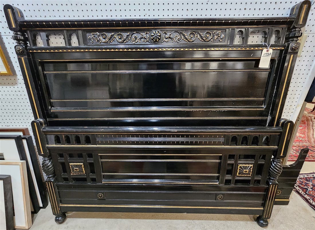 Victorian Eastlake Ebonized & Partial Gilt Bed From the Cordts Mansion, Kingston NY 54" H x 60" W (1 of 3)