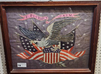 Framed Silk & Metal Thread Embroidery E. Pluribus Unum 19 1/2" X 24 1/2" w/Frame 22 3/4" X 27 1/2"