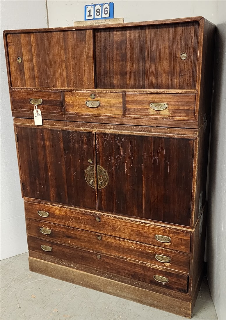 Chinese Elmwood 3 Part Cabinet 5'5" H X 46" W X 16" D: Chinese Elmwood 3 Part Cabinet 5'5" H X 46" W X 16" D