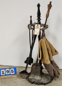 19th C Cast Iron Fireplace Tool Stand w/Tools