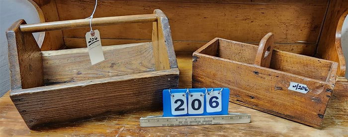 2 19th C Wooden Baskets - 10" H X 16" X 12" D + 8" H X 15 1/2" X 7 1/2" D