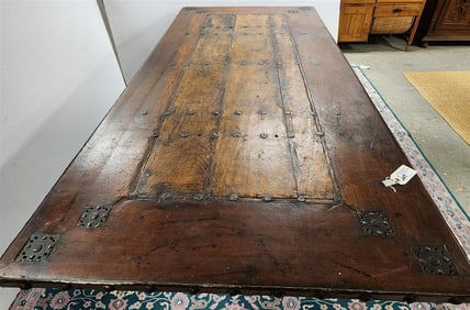 19th C Walnut Table w/Wrought Decorative Mounts 30" H X 8'4" L X 45" W