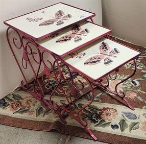 Wrought Nest Of 3 Tables w/Tile Tops - 18" H X 16" W X 12" D- Highest
