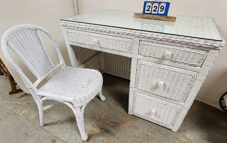 White Ptd. Wicker Desk & Chair 31" H X 40 1/2" W X 22" D