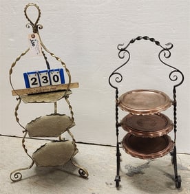Lot 2 - 3 Tier Stands - Brass 33" H X 10" Diam. + Wrought w/3 Copper Trays 27 1/2" H X 10" Diam.