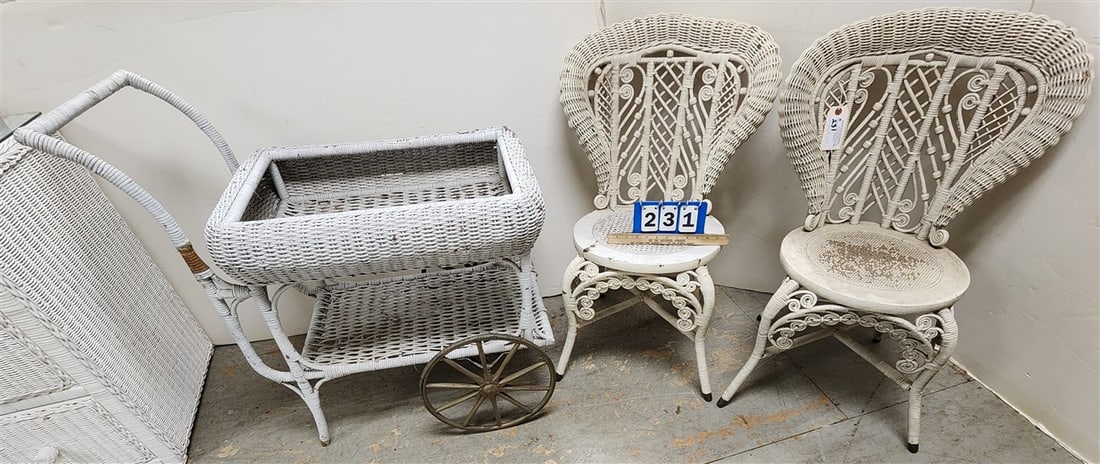 Pr. Wicker Chairs 34" H X 16" W X 14 1/2" D + Wicker Cart 34" H X 34" L X 19" W (1 of 2)