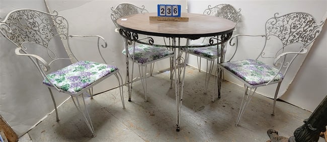 Wrought Base Patio Table 31" H X 36" Diam. w/4 Armchairs