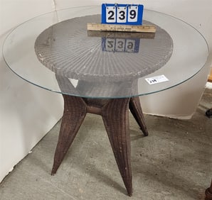 Wicker Base Glass Top Patio Table 30" H X 33 1/2" Diam.
