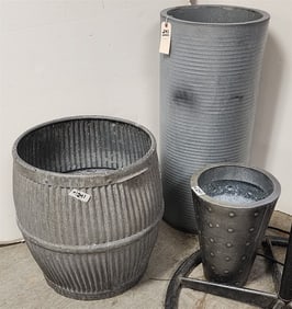 3 Galvanized Planters - 32" X 14 3/4" Diam. + 20" H X 17" Diam. + 15" H X 11" Diam.