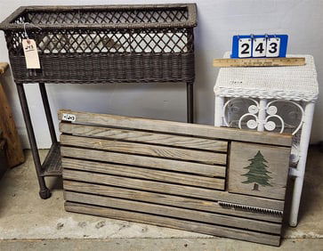Wicker Planter 28" H X 25" W X 9 1/2" D + Wicker Stand 21" H X 12" Sq. + Folk Art Wooden Flag 16" H