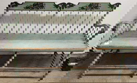 Primitive Plank Seat Ptd. & Stenciled Settle 33 1/2" H X 5' W X 18 1/2" D