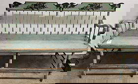 Primitive Plank Seat Ptd. & Stenciled Settle 33 1/2" H X 5' W X 18 1/2" D: Primitive Plank Seat Ptd. & Stenciled Settle 33 1/2" H X 5' W X 18 1/2" D