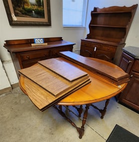 3 Pc. Maple Dining Set - Drop Leaf Table w/3 Leaves 46" W X 53 1/2" L Open, Hutch 62" H X 42" W X 18