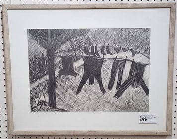 Framed Graphite On Paper "Black Laundry at Night" Sgnd Debora Masters  13 1/2" X 19"w/Frame 21 1/2"