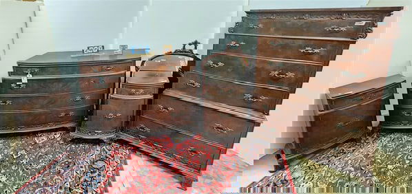 Mahog 5 Pc. Bed Set - 4 Drawer Chest 35 1/2" H X 4' W X 21" D, Tall Chest 54" H X 38" W X 20" D, Pr.