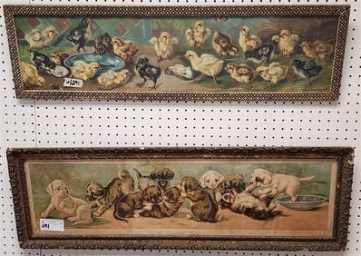 2 Framed Chromo Lithos - Yard Of Puppies 9 1/2" X 35" w/Frame 12 1/2" X 38" + Yard Of Chickens 8