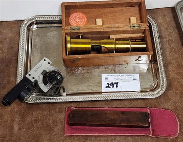 Tray Vintage Instruments - Bx'd Brass Microscope Andrew Loyd 6", Resercito Level w/Compass, 19th C
