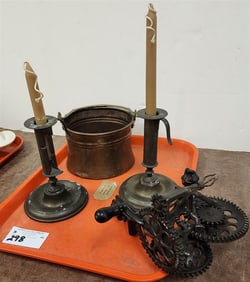 Tray Sinclair Scott Co. Baltimore Apple Peeler, Pr. Brass Adjustable Candle Sticks + Copper Bucket