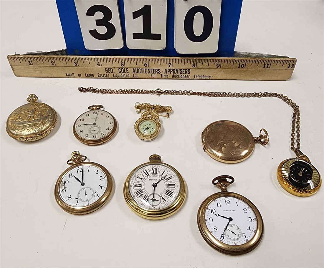 Lot 6 Pocket Watches - Walthan GF, Elgin GF, Longines GF, Walthan Masons GF (Working), Two Ladies (1 of 3)