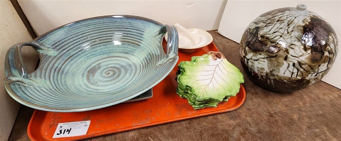 Tray Art Pottery - bowl w/Handles 5 1/2" X 16" Diam., Vase, Bowl Sgnd Nancy, 8 Italian Leaf Dishes