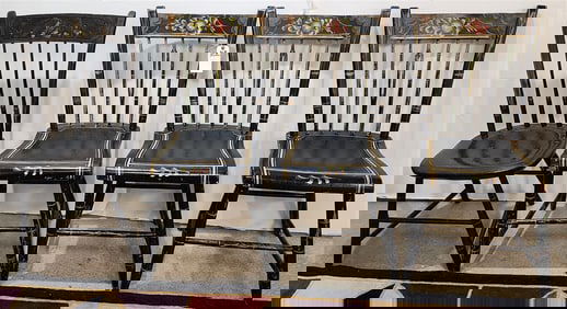 4 19th C Chairs - Set 3 19th C Plank Seat Hand Ptd. Chairs 34" H X 15" W X 13 1/2" D + Plank Seat