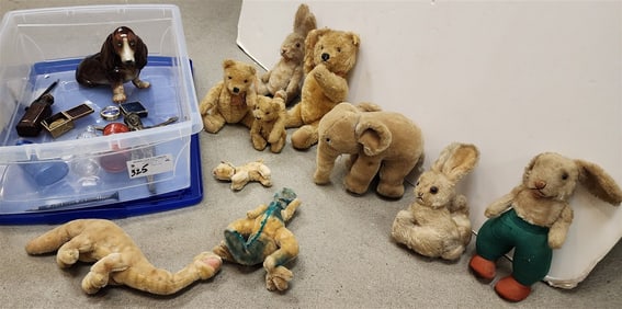 Tub 9 Plush Animals - Some Steiff + Ceramic Dachsund Figure, Etc.